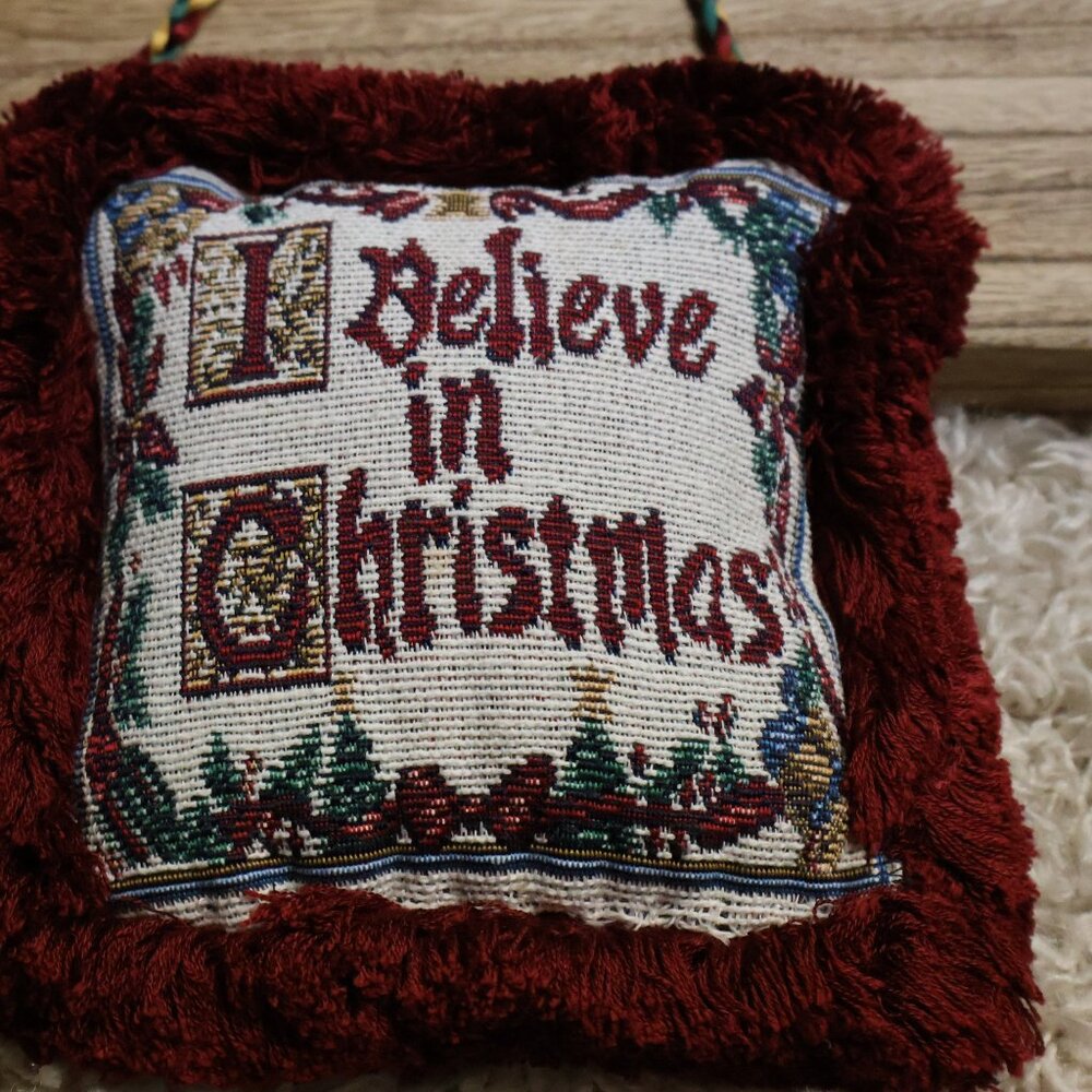 VTG Handmade Tapestry Embroidered Door Hanging Pillow I Believe in Christmas